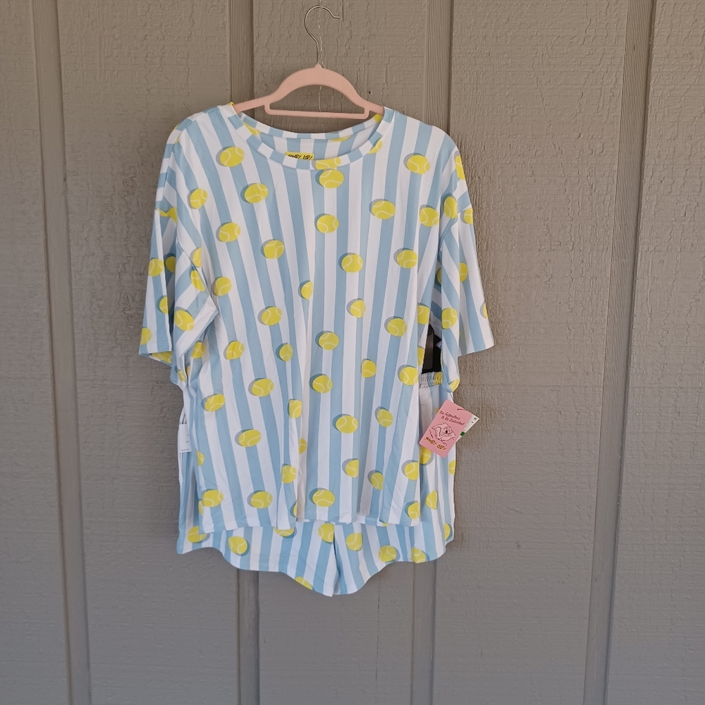 Shady Lady Print Short Pajama Set Size L Women Short Sleeve In Cameo Tennis Ball
